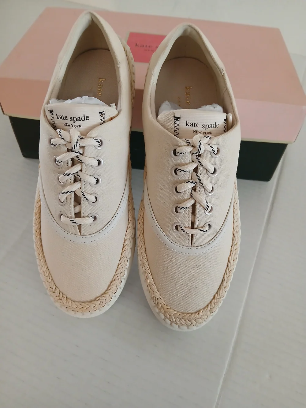 kate spade New York Cream Lace-Up Espadrille-Trim Sneakers Size 5B $45